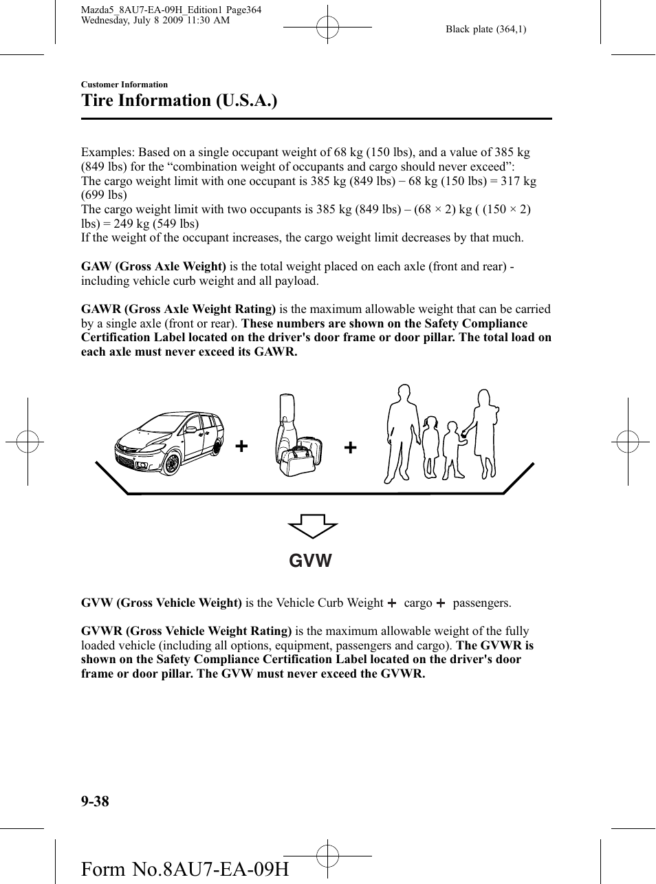 Form no.8au7-ea-09h, Tire information (u.s.a.) | Mazda 2010 5 User Manual | Page 364 / 388