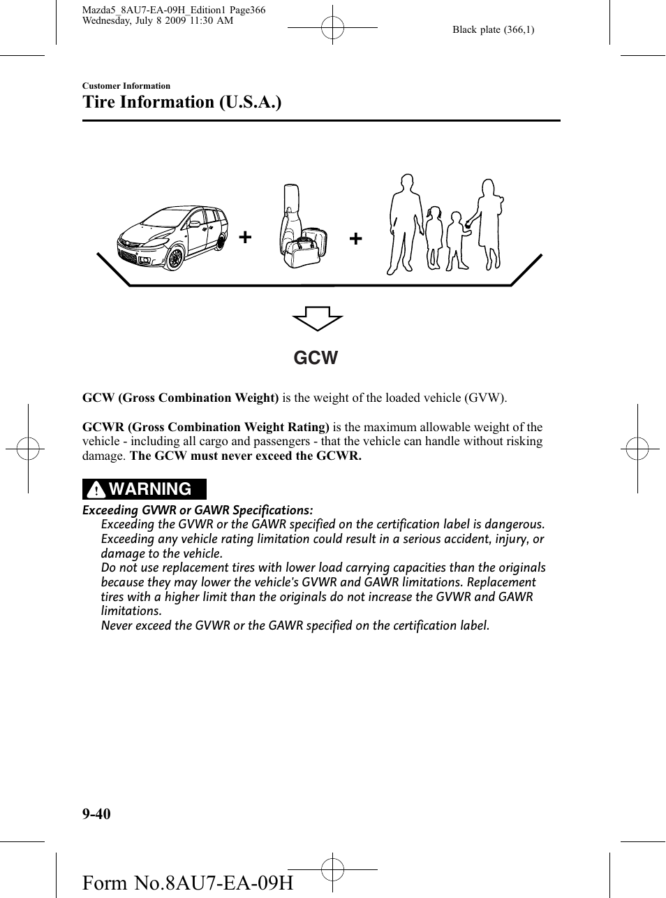 Form no.8au7-ea-09h, Tire information (u.s.a.), Warning | Mazda 2010 5 User Manual | Page 366 / 388