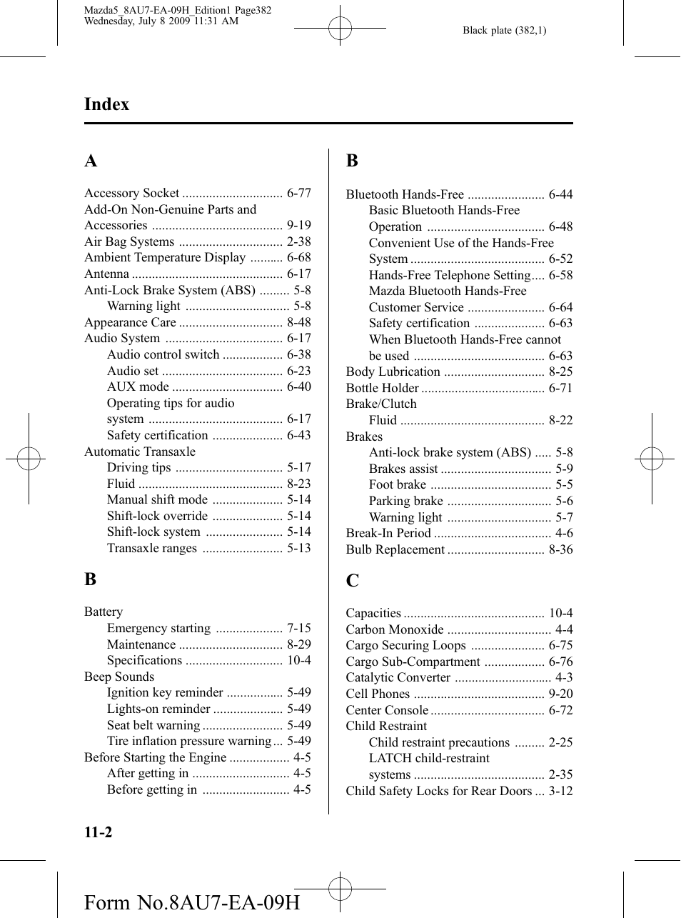Index, Form no.8au7-ea-09h | Mazda 2010 5 User Manual | Page 382 / 388
