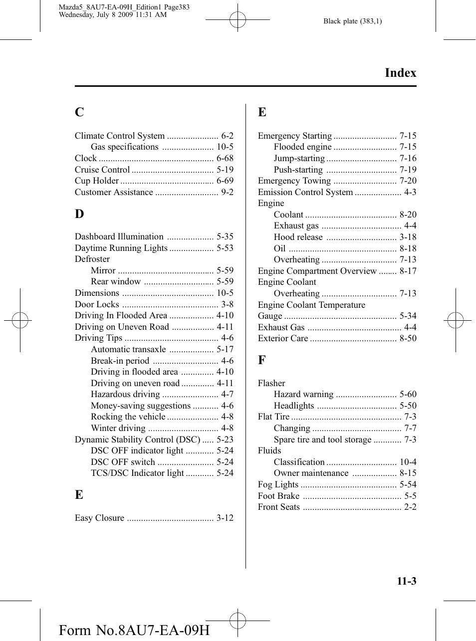 Form no.8au7-ea-09h, Index | Mazda 2010 5 User Manual | Page 383 / 388