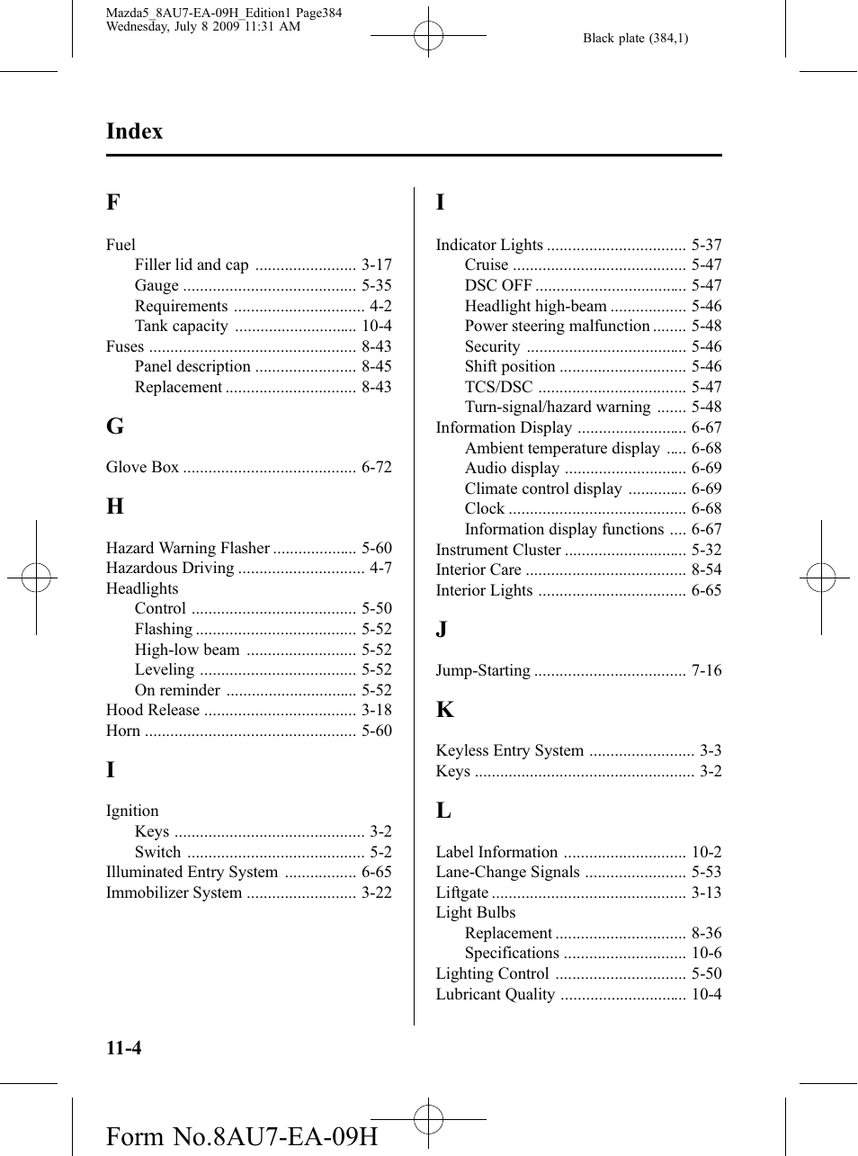 Form no.8au7-ea-09h, Index | Mazda 2010 5 User Manual | Page 384 / 388