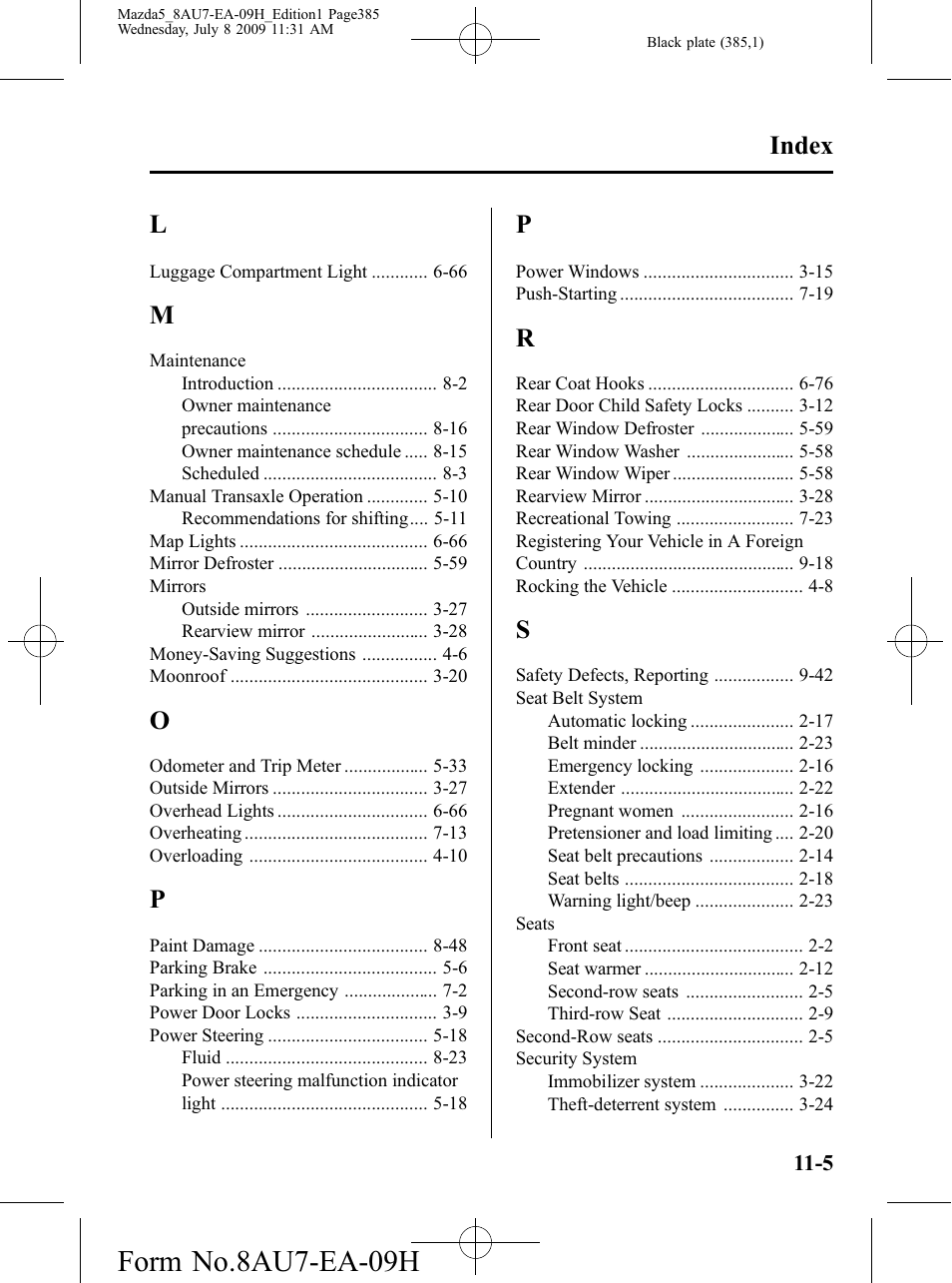 Form no.8au7-ea-09h, Index | Mazda 2010 5 User Manual | Page 385 / 388