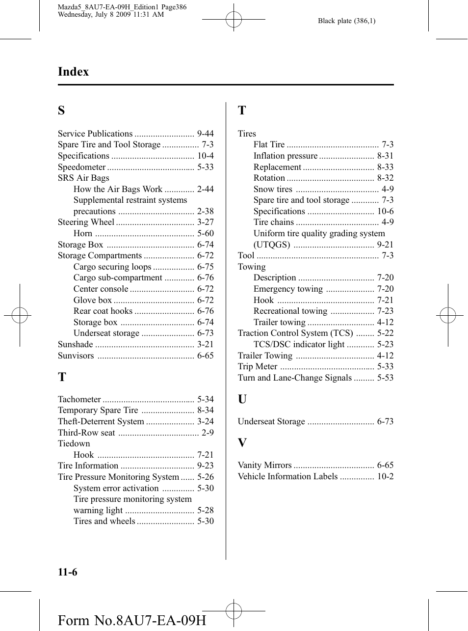 Form no.8au7-ea-09h, Index | Mazda 2010 5 User Manual | Page 386 / 388