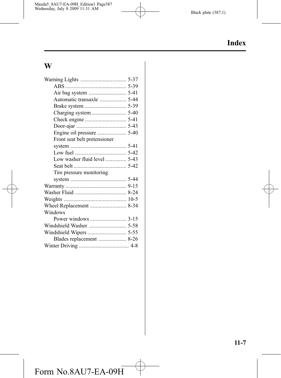 Form no.8au7-ea-09h, Index | Mazda 2010 5 User Manual | Page 387 / 388