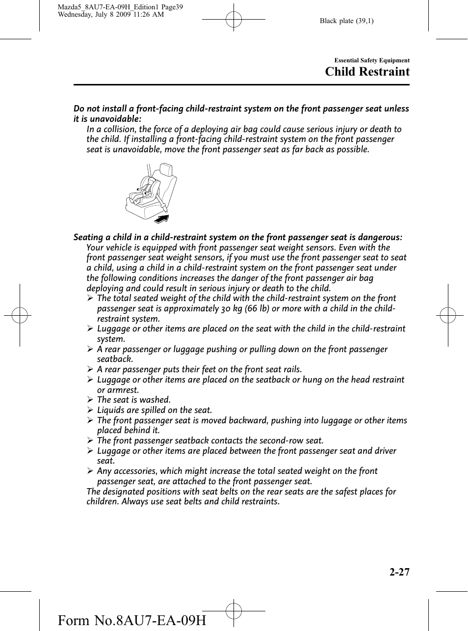 Form no.8au7-ea-09h, Child restraint | Mazda 2010 5 User Manual | Page 39 / 388
