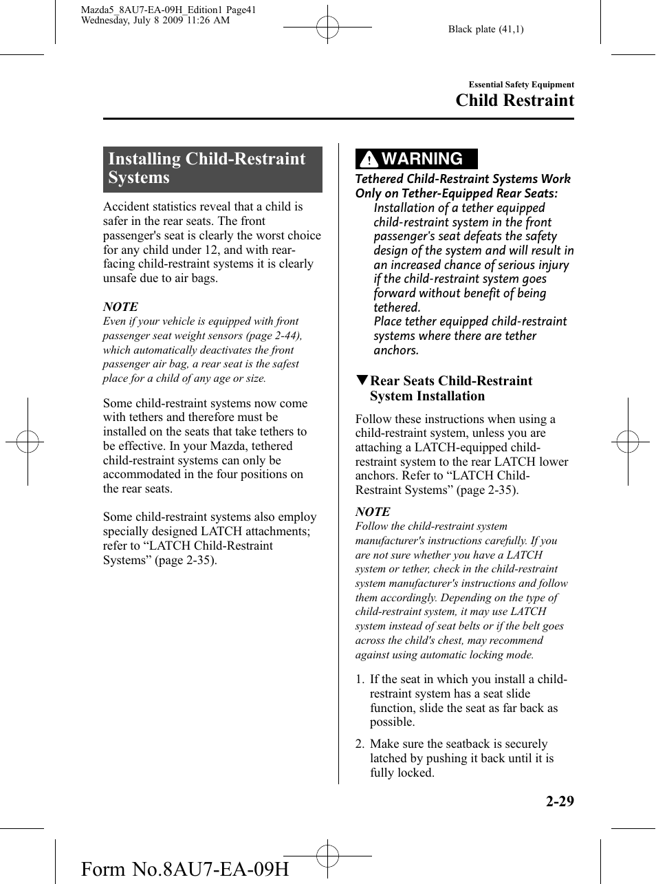 Installing child-restraint systems, Installing child-restraint systems -29, Form no.8au7-ea-09h | Child restraint, Warning | Mazda 2010 5 User Manual | Page 41 / 388