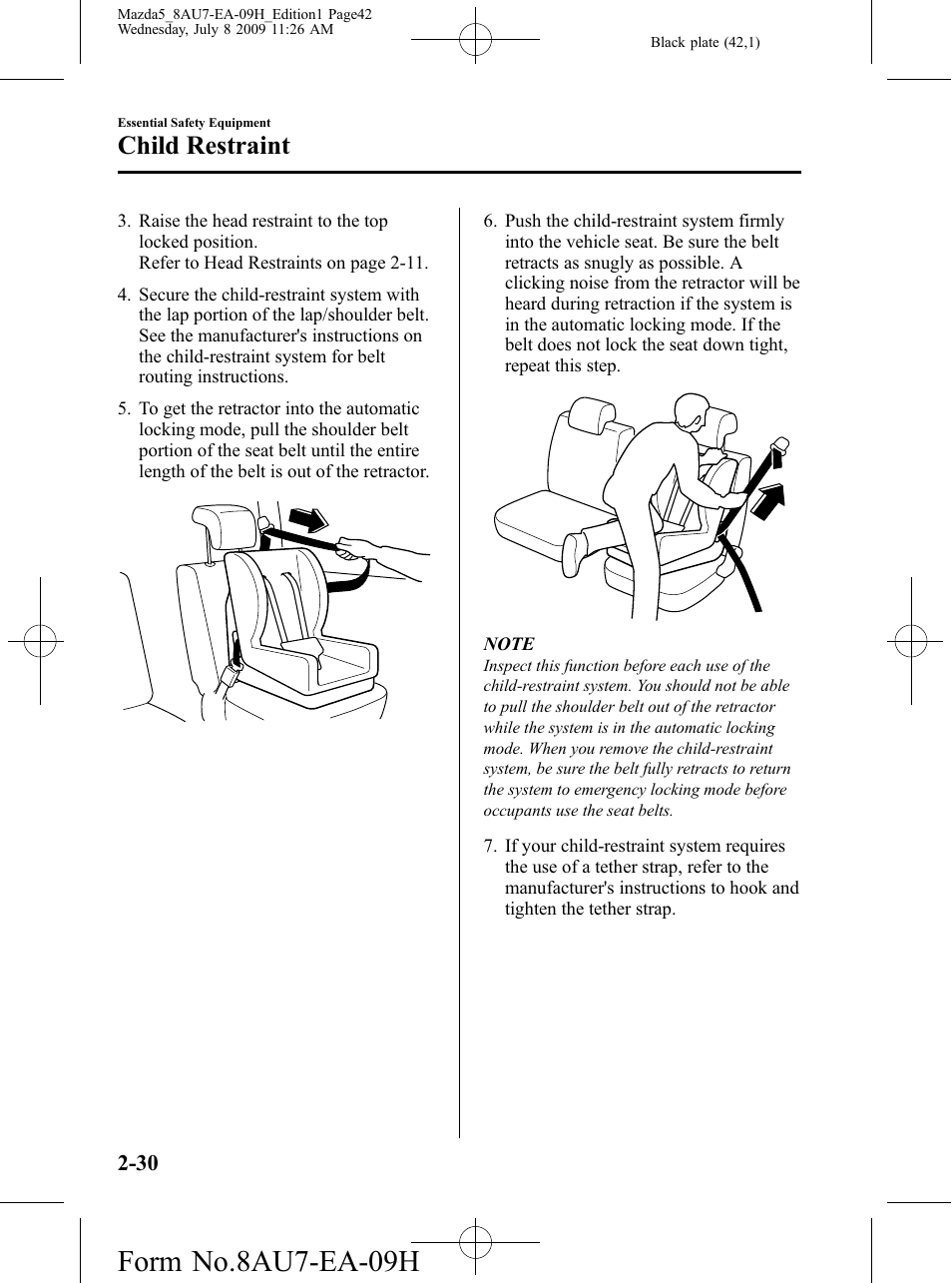 Form no.8au7-ea-09h, Child restraint | Mazda 2010 5 User Manual | Page 42 / 388