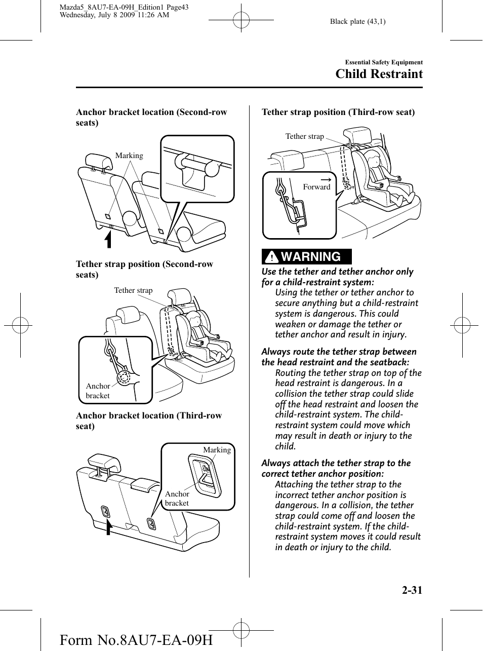 Form no.8au7-ea-09h, Child restraint, Warning | Mazda 2010 5 User Manual | Page 43 / 388