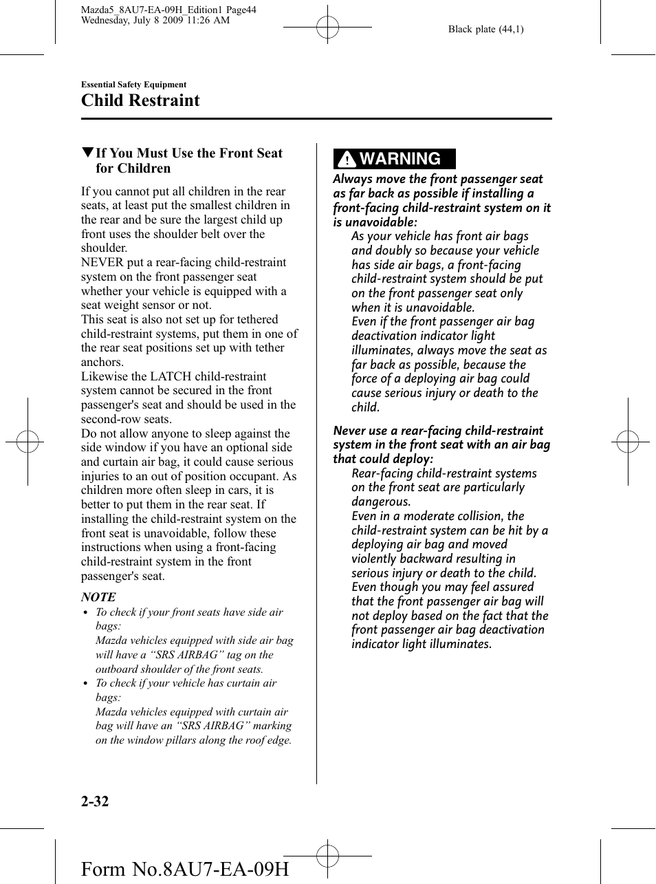 Form no.8au7-ea-09h, Child restraint, Warning | Mazda 2010 5 User Manual | Page 44 / 388
