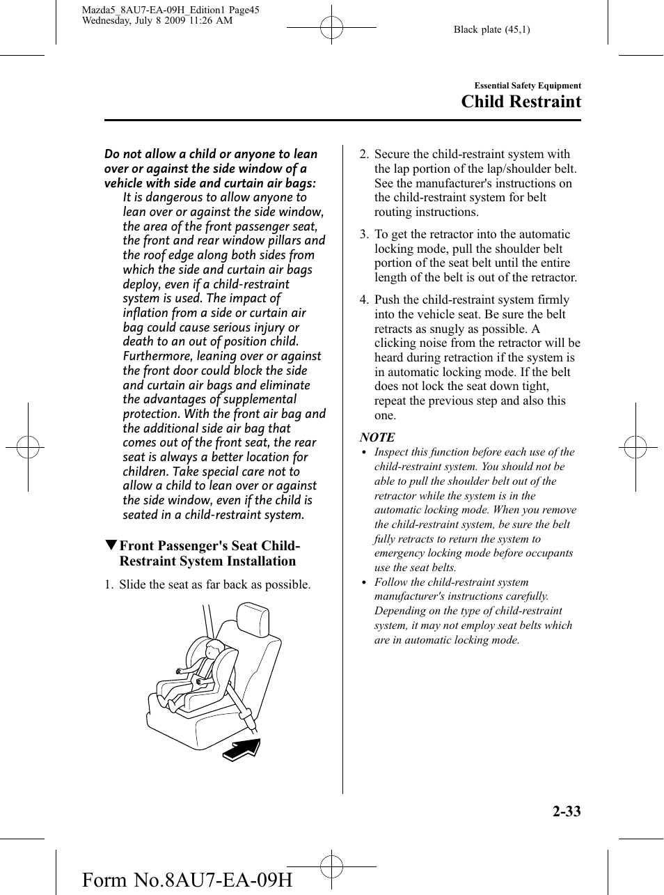Form no.8au7-ea-09h, Child restraint | Mazda 2010 5 User Manual | Page 45 / 388