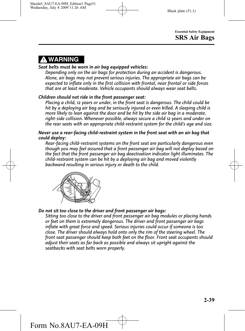 Form no.8au7-ea-09h, Srs air bags, Warning | Mazda 2010 5 User Manual | Page 51 / 388