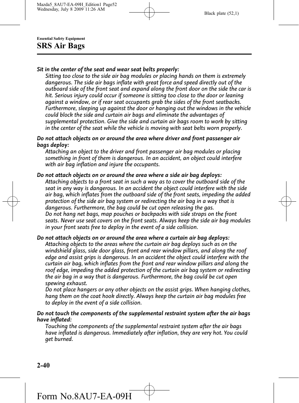 Form no.8au7-ea-09h, Srs air bags | Mazda 2010 5 User Manual | Page 52 / 388