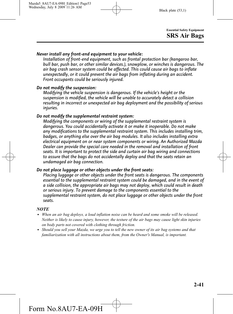 Form no.8au7-ea-09h, Srs air bags | Mazda 2010 5 User Manual | Page 53 / 388