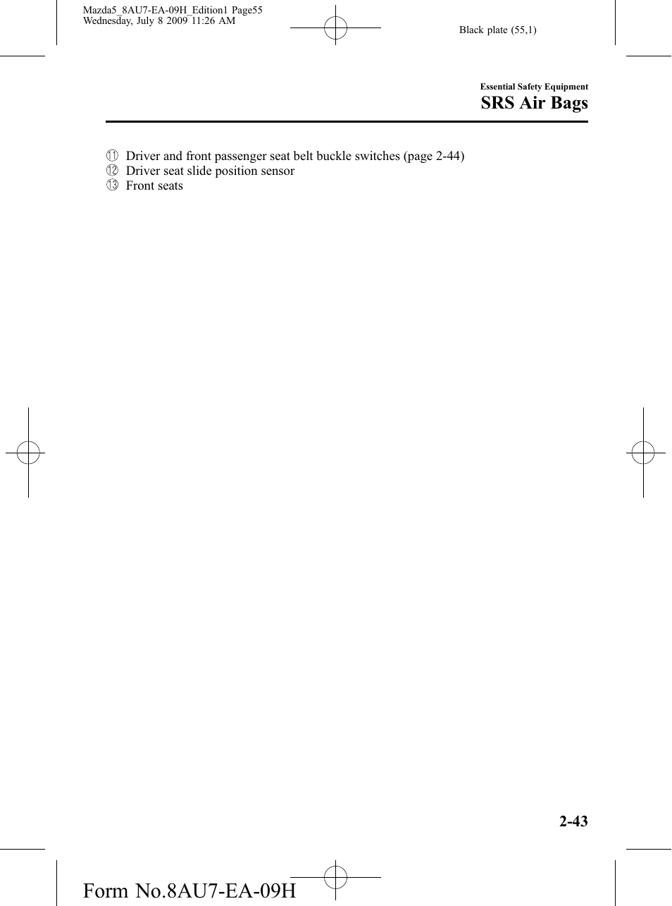 Form no.8au7-ea-09h, Srs air bags | Mazda 2010 5 User Manual | Page 55 / 388