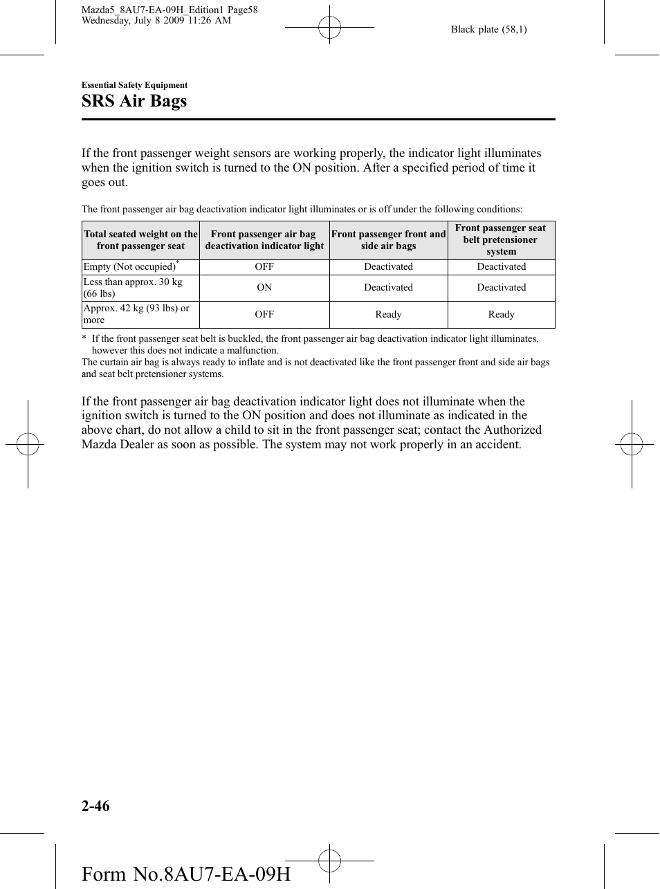 Form no.8au7-ea-09h, Srs air bags | Mazda 2010 5 User Manual | Page 58 / 388