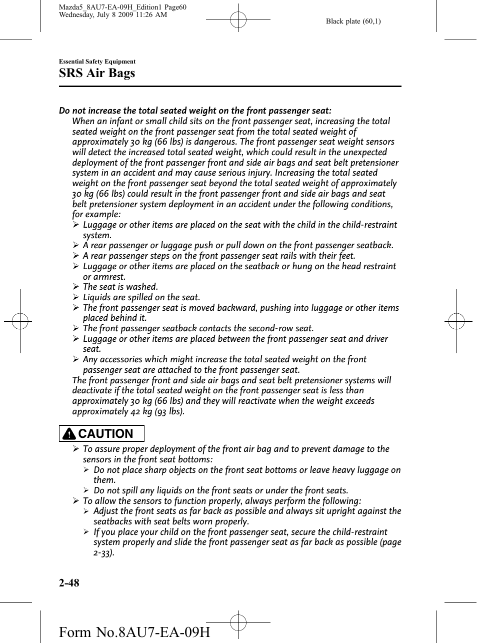 Form no.8au7-ea-09h, Srs air bags, Caution | Mazda 2010 5 User Manual | Page 60 / 388