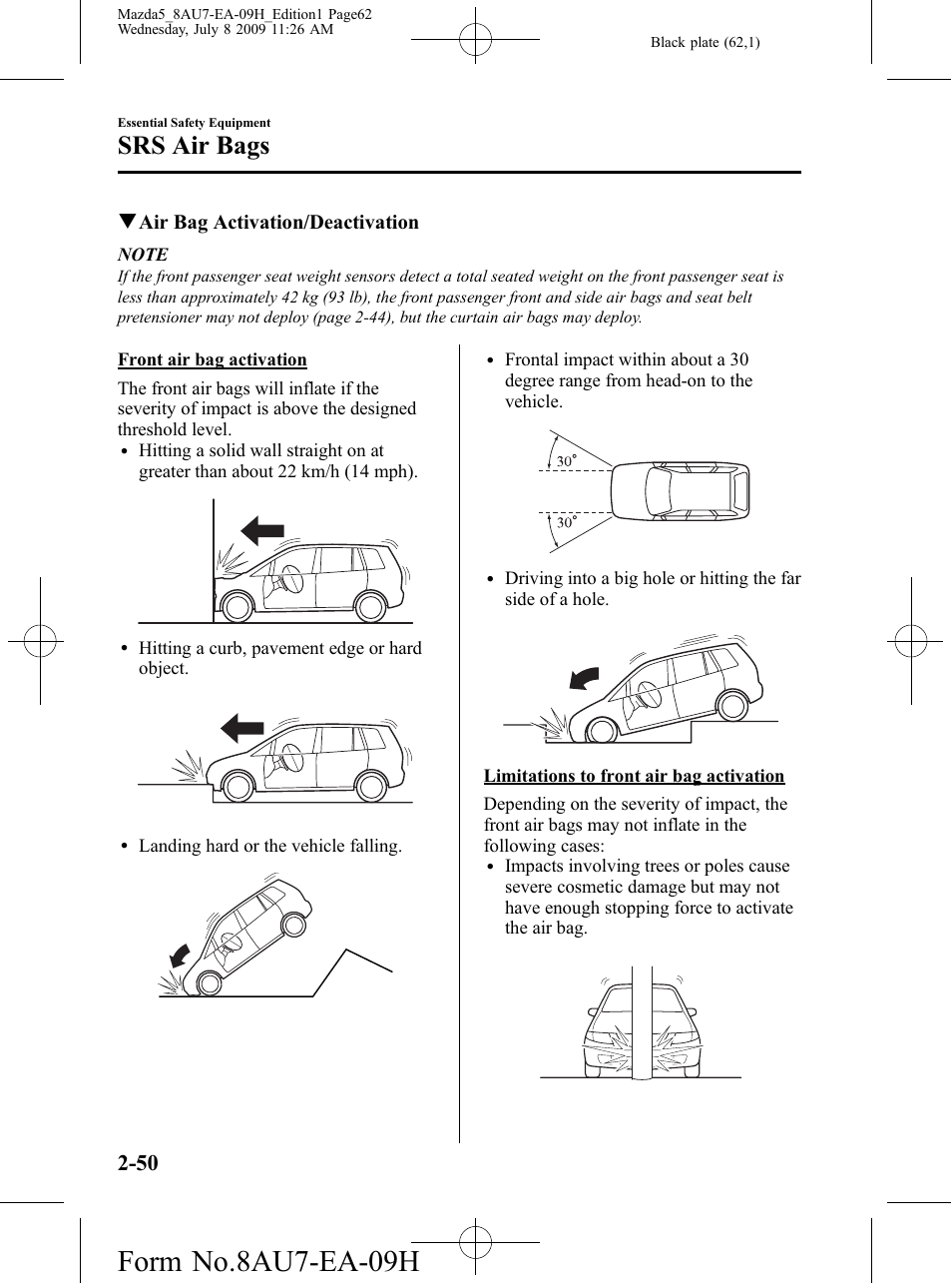 Form no.8au7-ea-09h, Srs air bags, Qair bag activation/deactivation | Mazda 2010 5 User Manual | Page 62 / 388