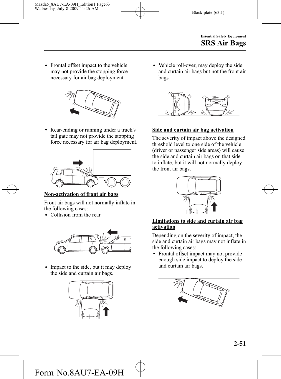 Form no.8au7-ea-09h, Srs air bags | Mazda 2010 5 User Manual | Page 63 / 388
