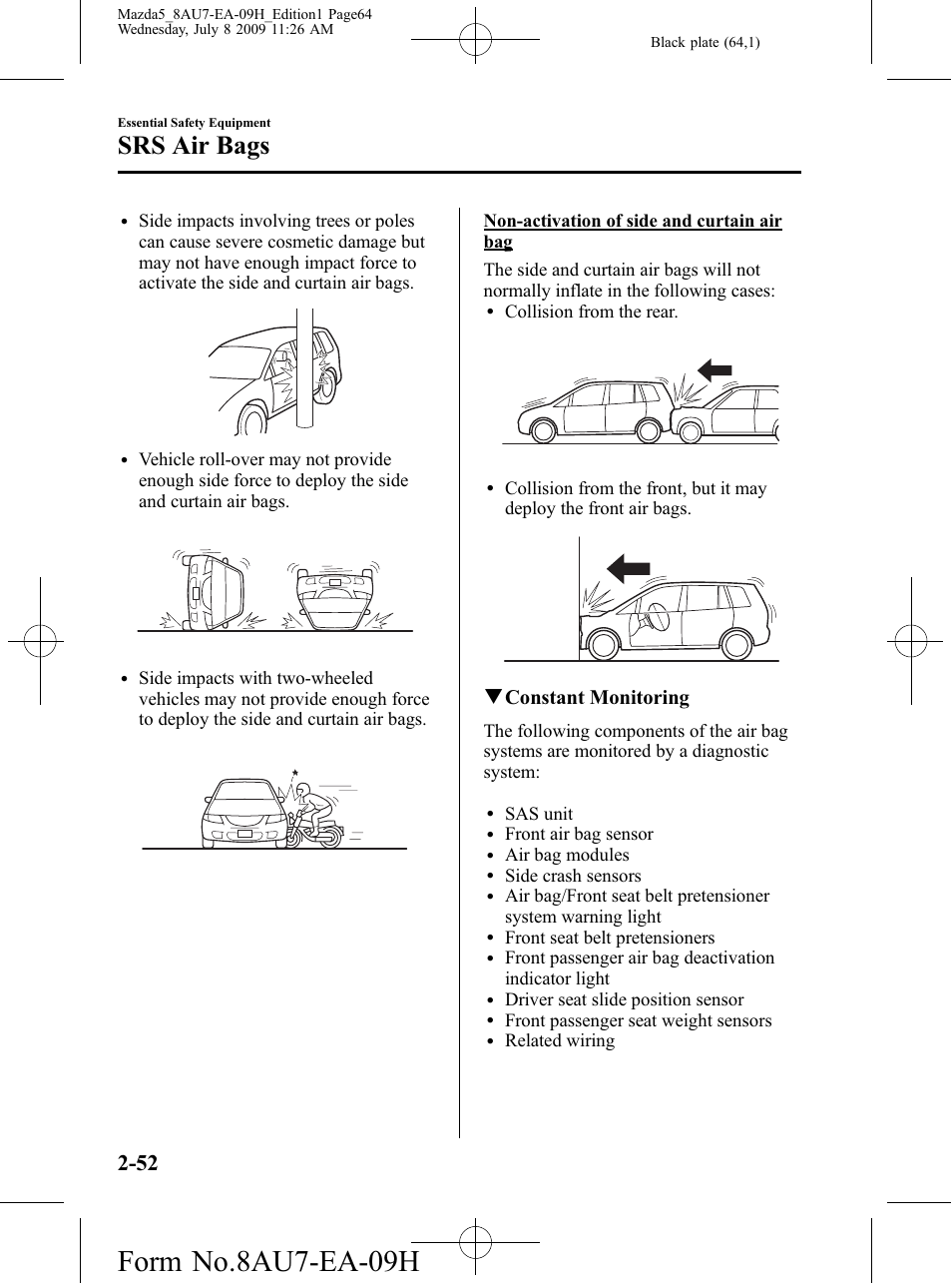 Form no.8au7-ea-09h, Srs air bags, Qconstant monitoring | Mazda 2010 5 User Manual | Page 64 / 388