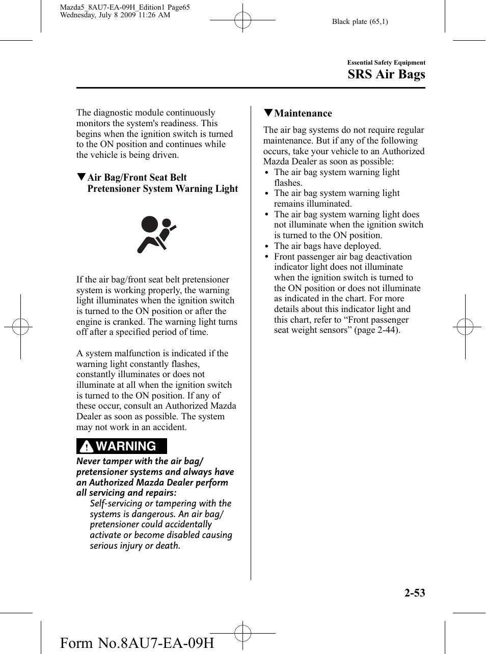 Form no.8au7-ea-09h, Srs air bags, Warning | Mazda 2010 5 User Manual | Page 65 / 388