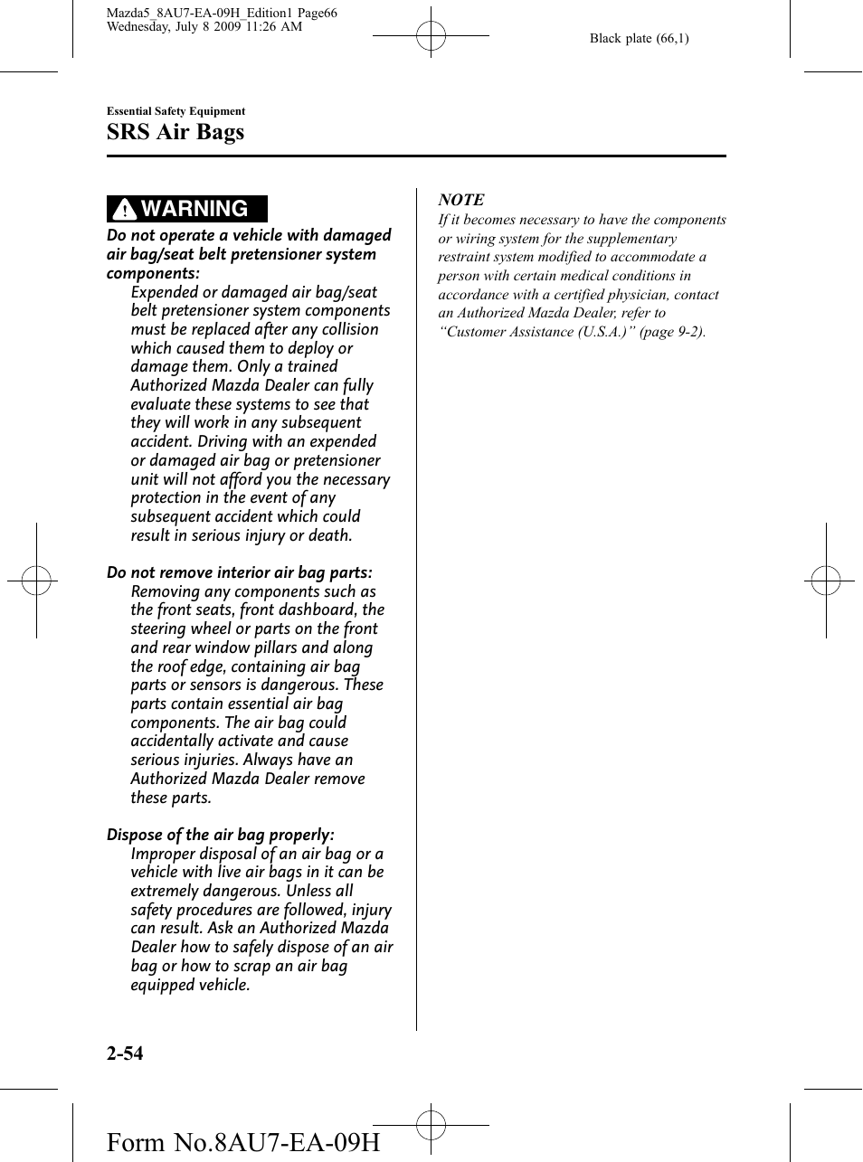 Form no.8au7-ea-09h, Srs air bags, Warning | Mazda 2010 5 User Manual | Page 66 / 388