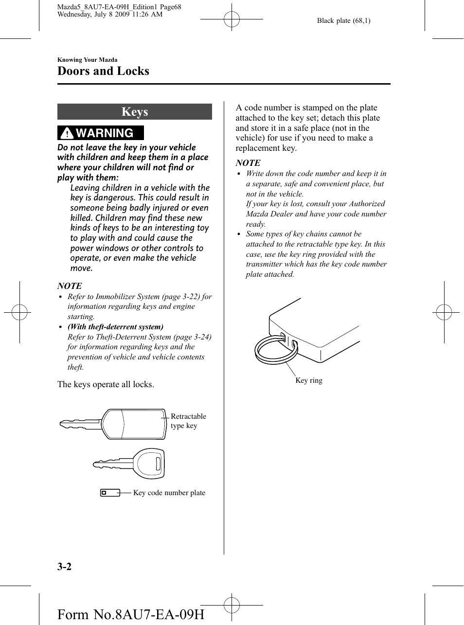 Doors and locks, Keys, Doors and locks -2 | Keys -2, Form no.8au7-ea-09h, Warning | Mazda 2010 5 User Manual | Page 68 / 388