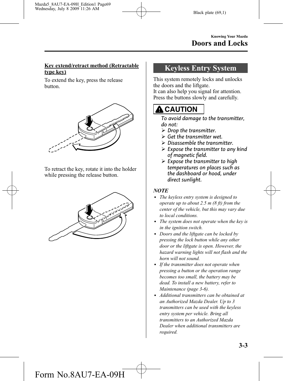 Keyless entry system, Keyless entry system -3, Form no.8au7-ea-09h | Doors and locks, Caution | Mazda 2010 5 User Manual | Page 69 / 388