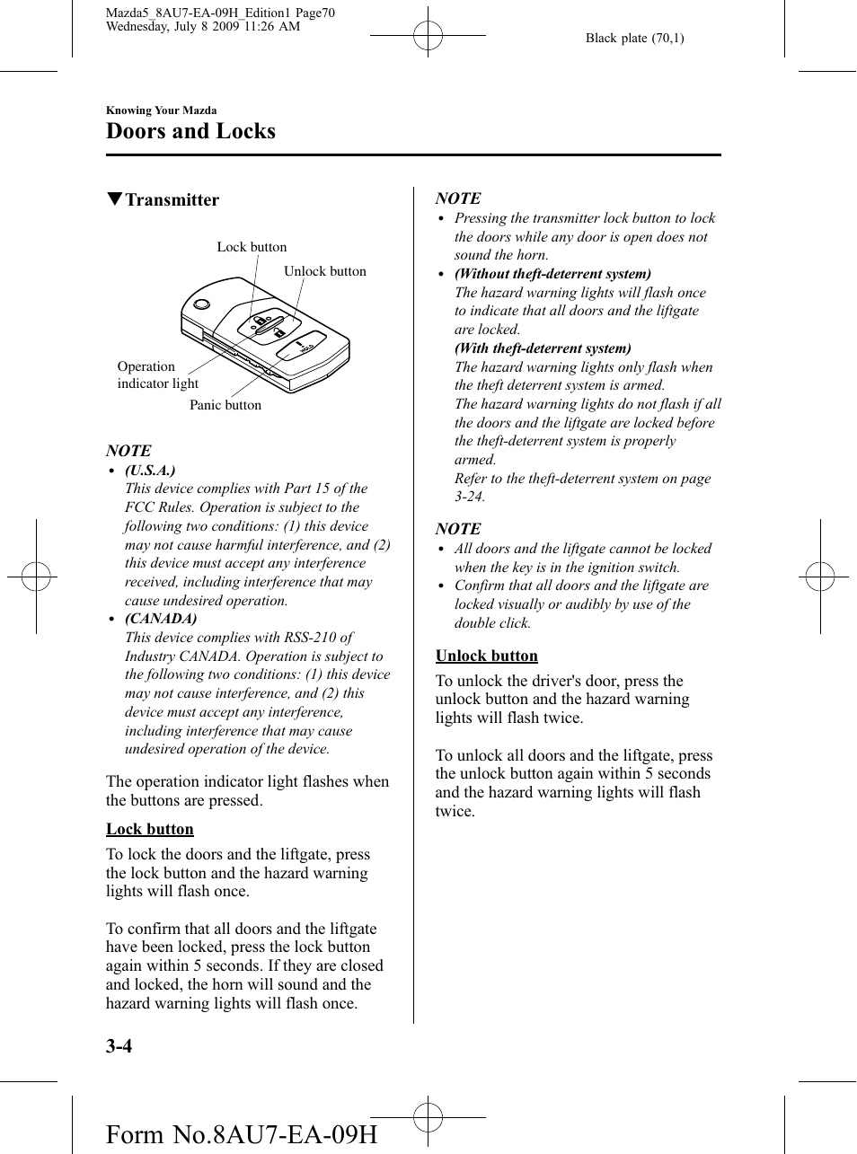 Form no.8au7-ea-09h, Doors and locks, Qtransmitter | Mazda 2010 5 User Manual | Page 70 / 388