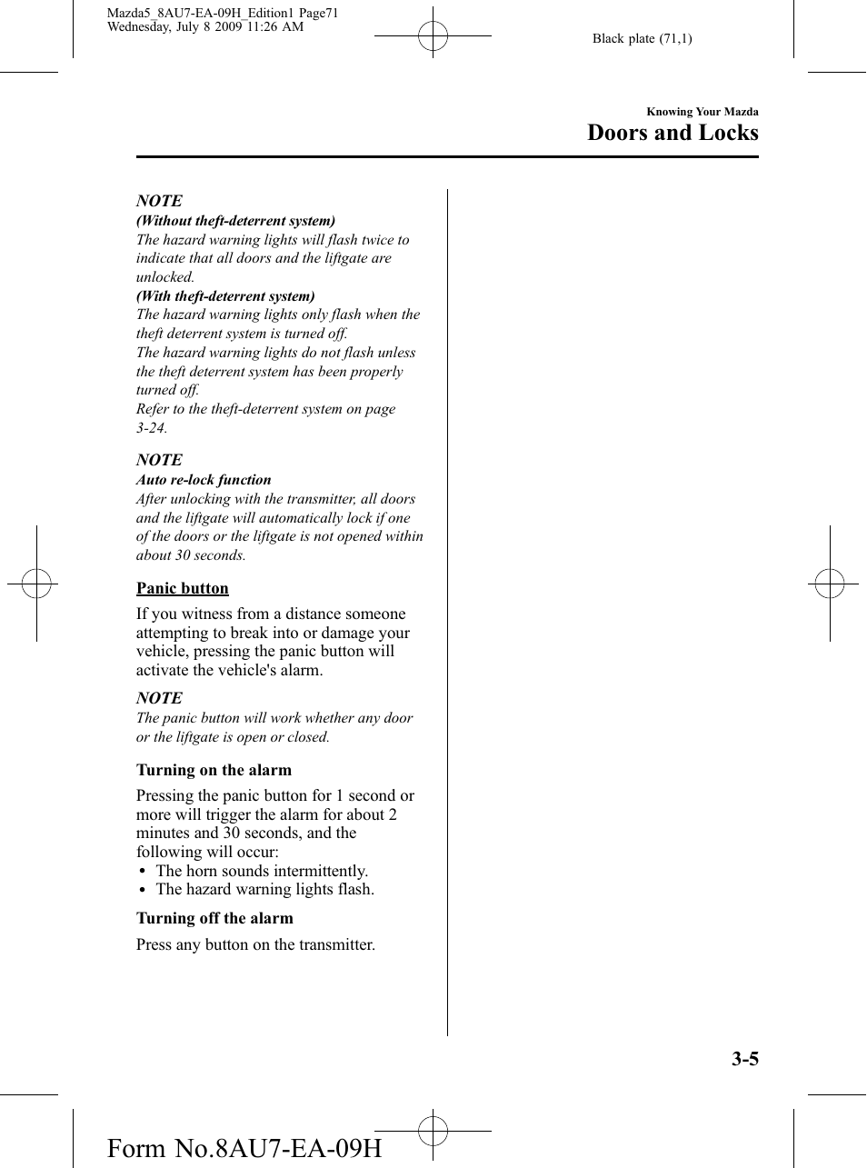 Form no.8au7-ea-09h, Doors and locks | Mazda 2010 5 User Manual | Page 71 / 388
