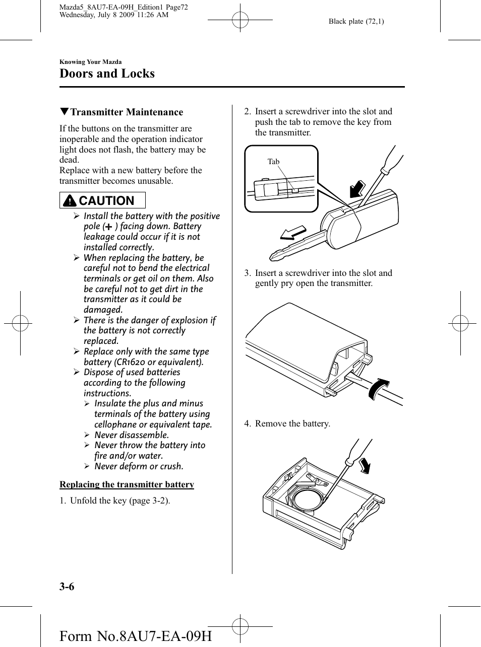 Form no.8au7-ea-09h, Doors and locks, Caution | Mazda 2010 5 User Manual | Page 72 / 388
