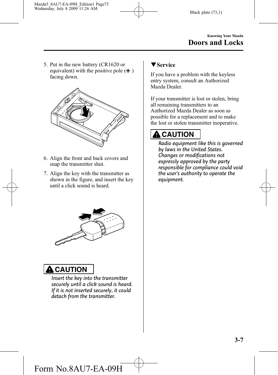 Form no.8au7-ea-09h, Doors and locks, Caution | Mazda 2010 5 User Manual | Page 73 / 388