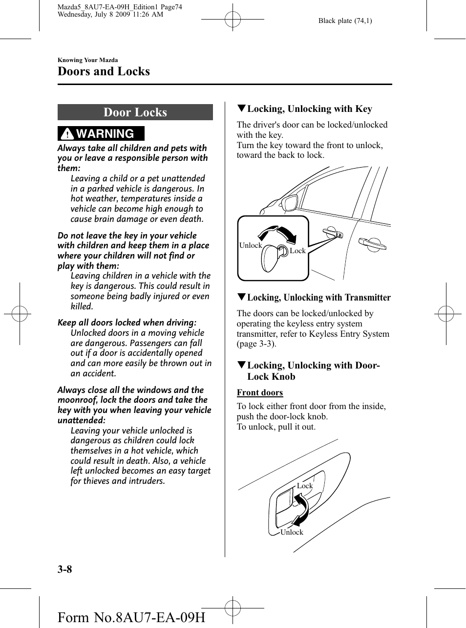 Door locks, Door locks -8, Form no.8au7-ea-09h | Doors and locks, Warning | Mazda 2010 5 User Manual | Page 74 / 388