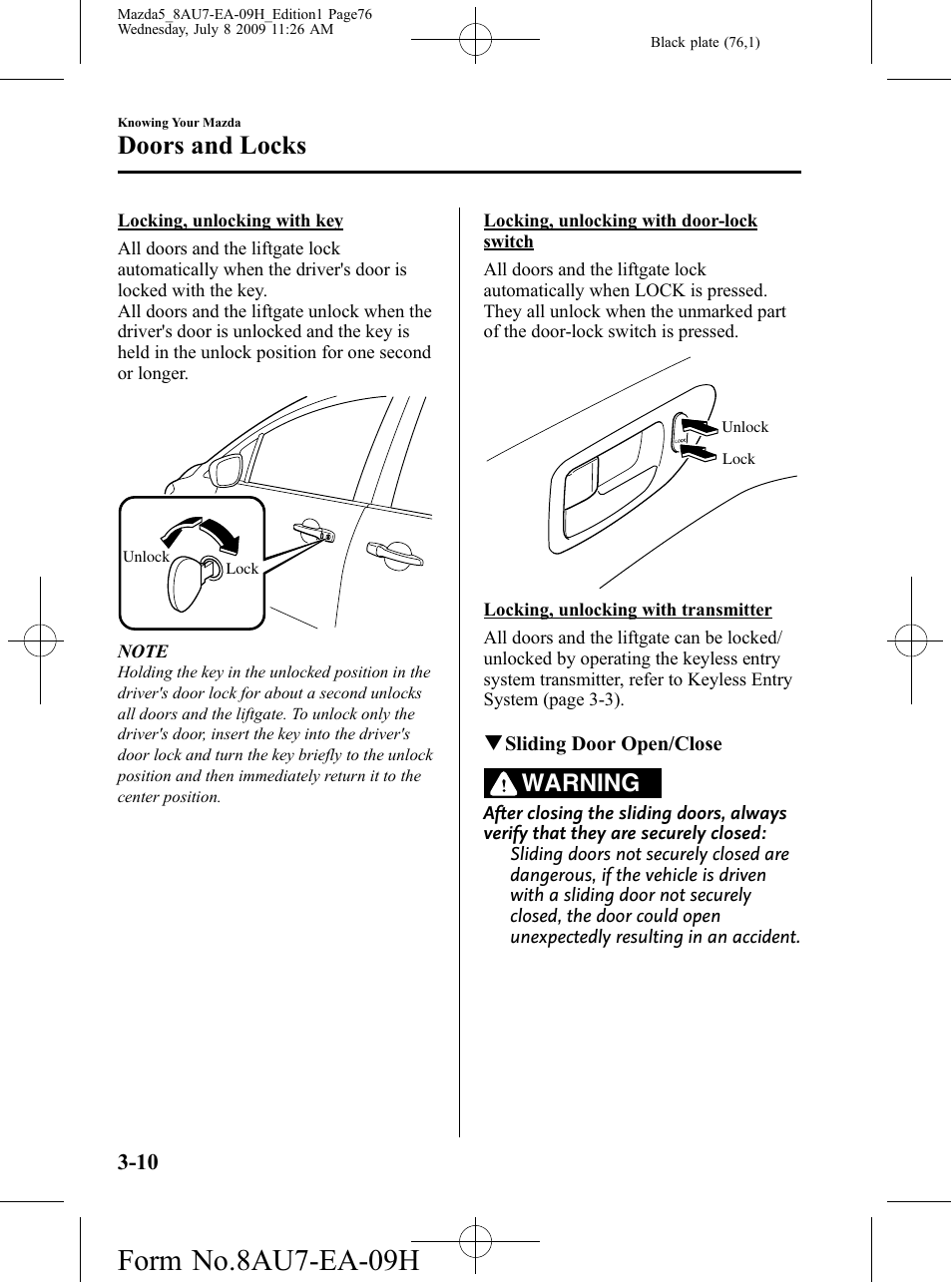 Form no.8au7-ea-09h, Doors and locks, Warning | Mazda 2010 5 User Manual | Page 76 / 388
