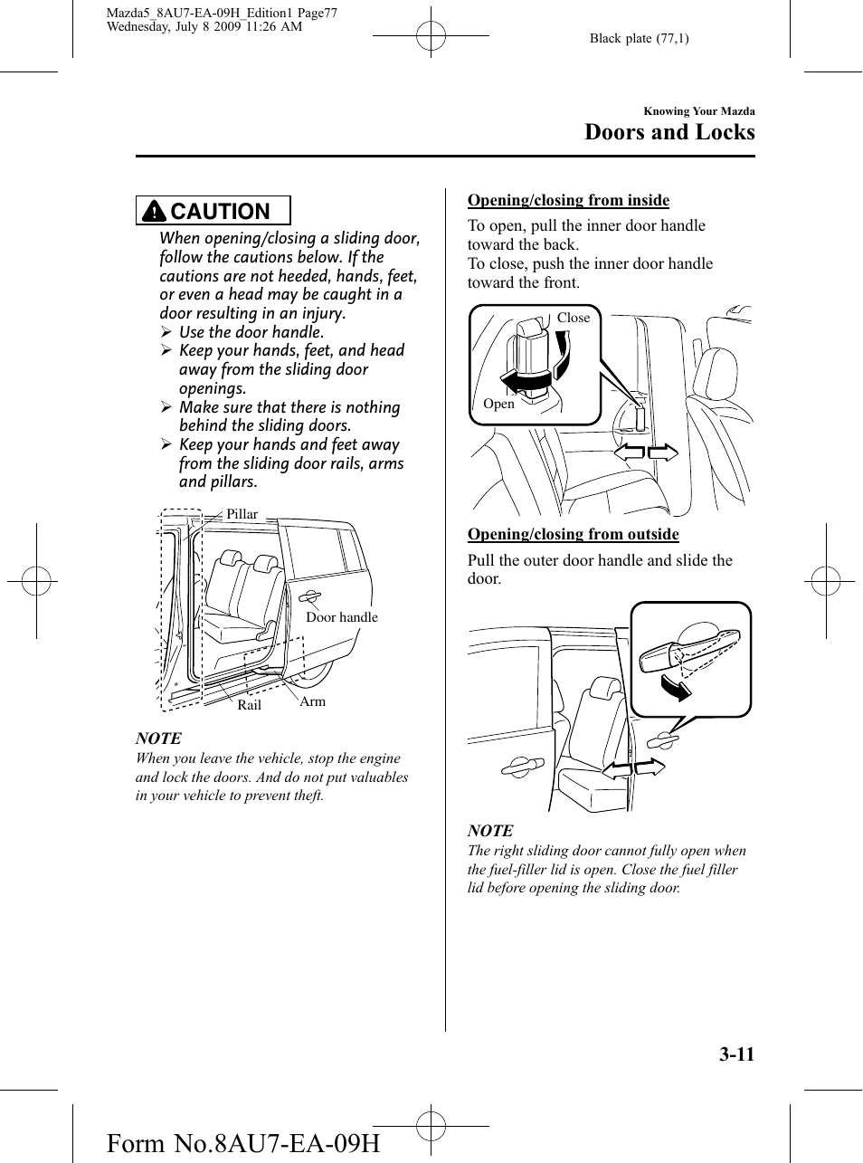 Form no.8au7-ea-09h, Doors and locks, Caution | Mazda 2010 5 User Manual | Page 77 / 388