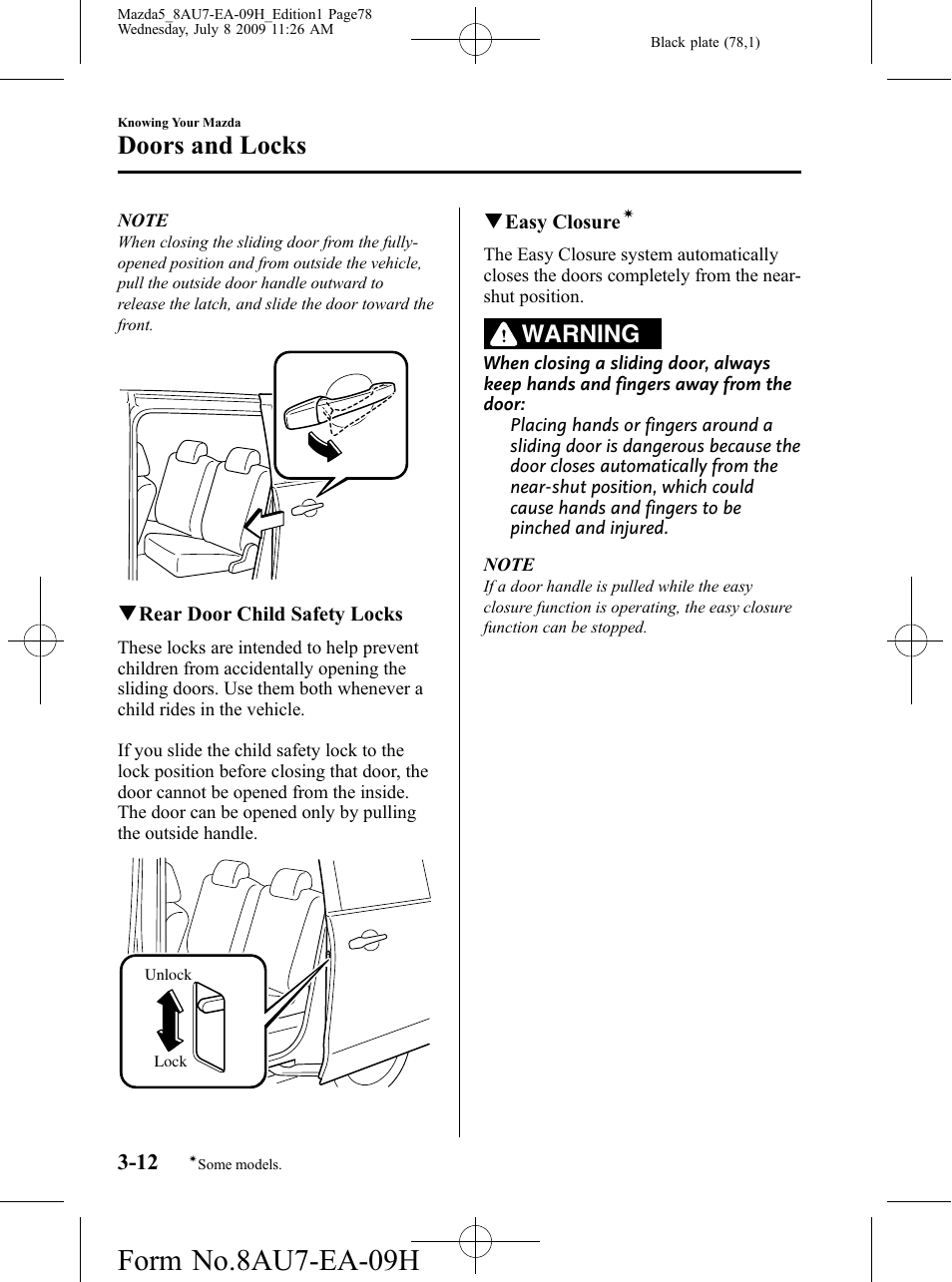 Form no.8au7-ea-09h, Doors and locks, Warning | Mazda 2010 5 User Manual | Page 78 / 388
