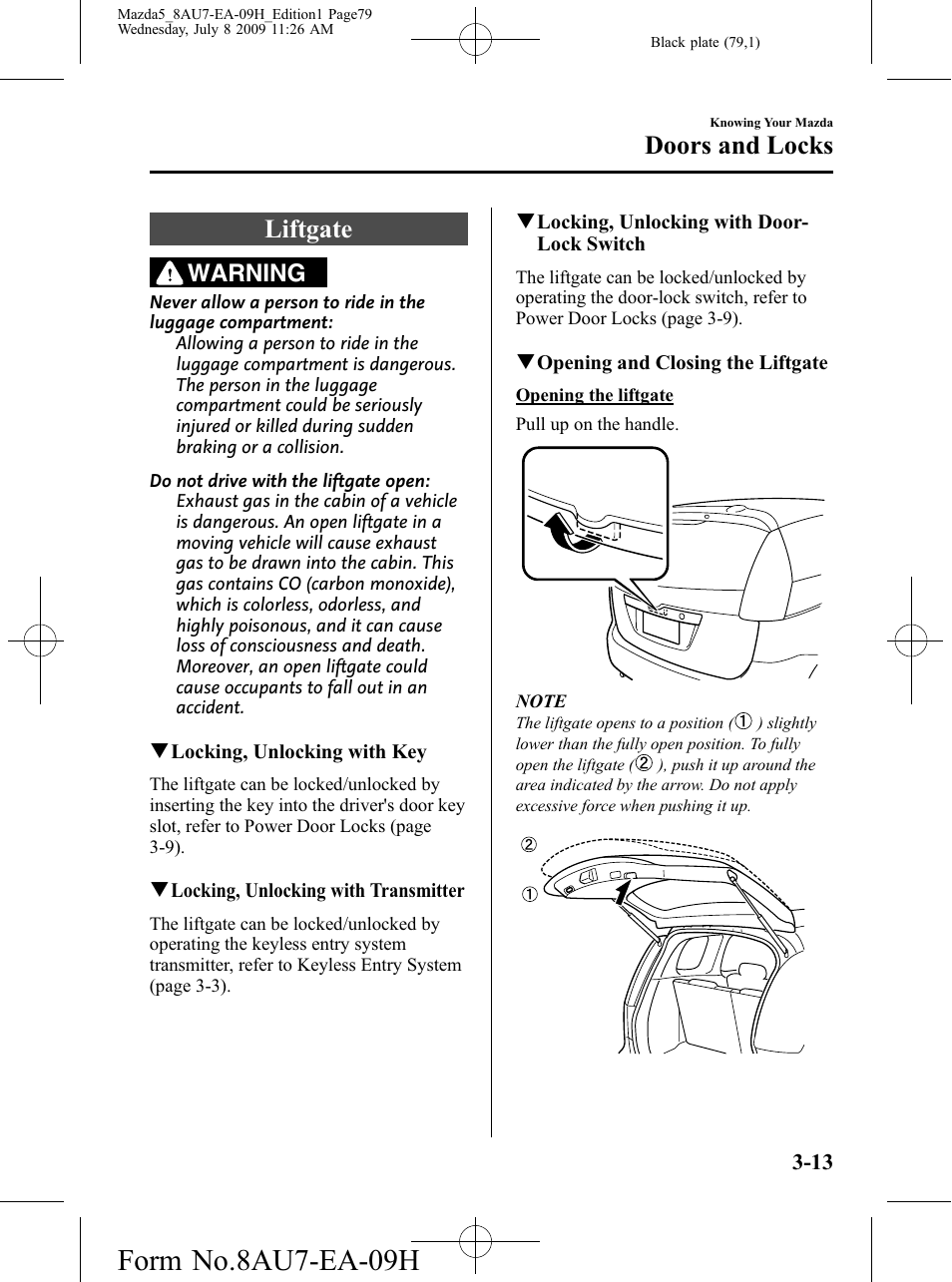 Liftgate, Liftgate -13, Form no.8au7-ea-09h | Doors and locks, Warning | Mazda 2010 5 User Manual | Page 79 / 388