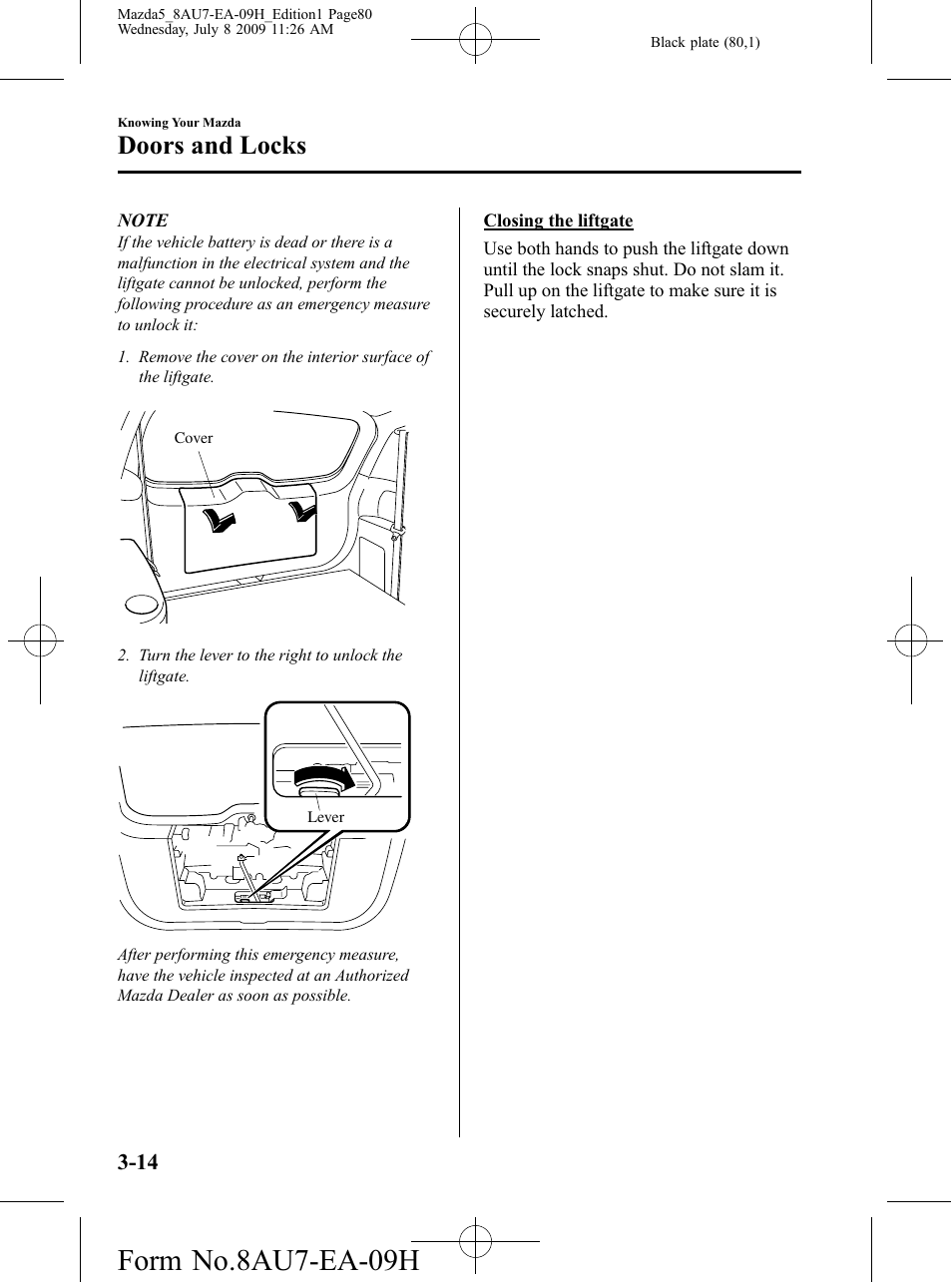 Form no.8au7-ea-09h, Doors and locks | Mazda 2010 5 User Manual | Page 80 / 388