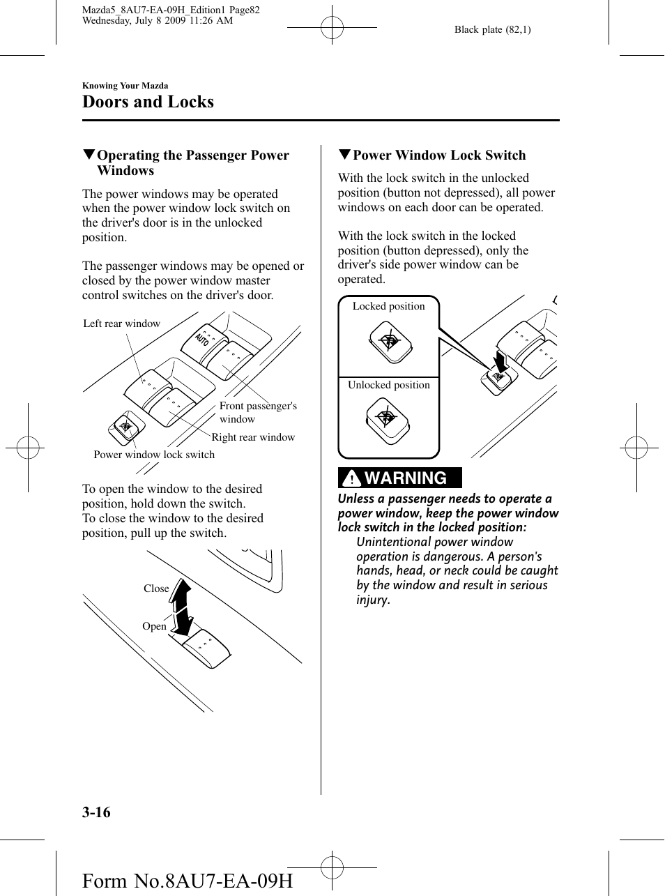 Form no.8au7-ea-09h, Doors and locks, Warning | Mazda 2010 5 User Manual | Page 82 / 388