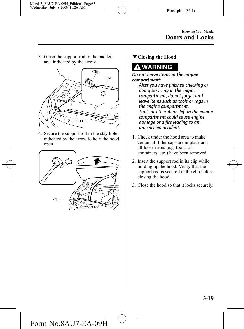 Form no.8au7-ea-09h, Doors and locks, Warning | Mazda 2010 5 User Manual | Page 85 / 388