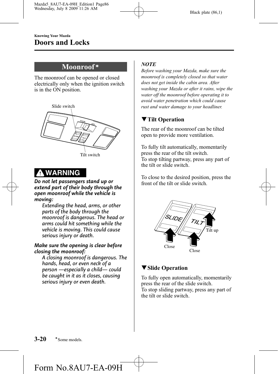 Moonroof, Form no.8au7-ea-09h, Doors and locks | Warning | Mazda 2010 5 User Manual | Page 86 / 388