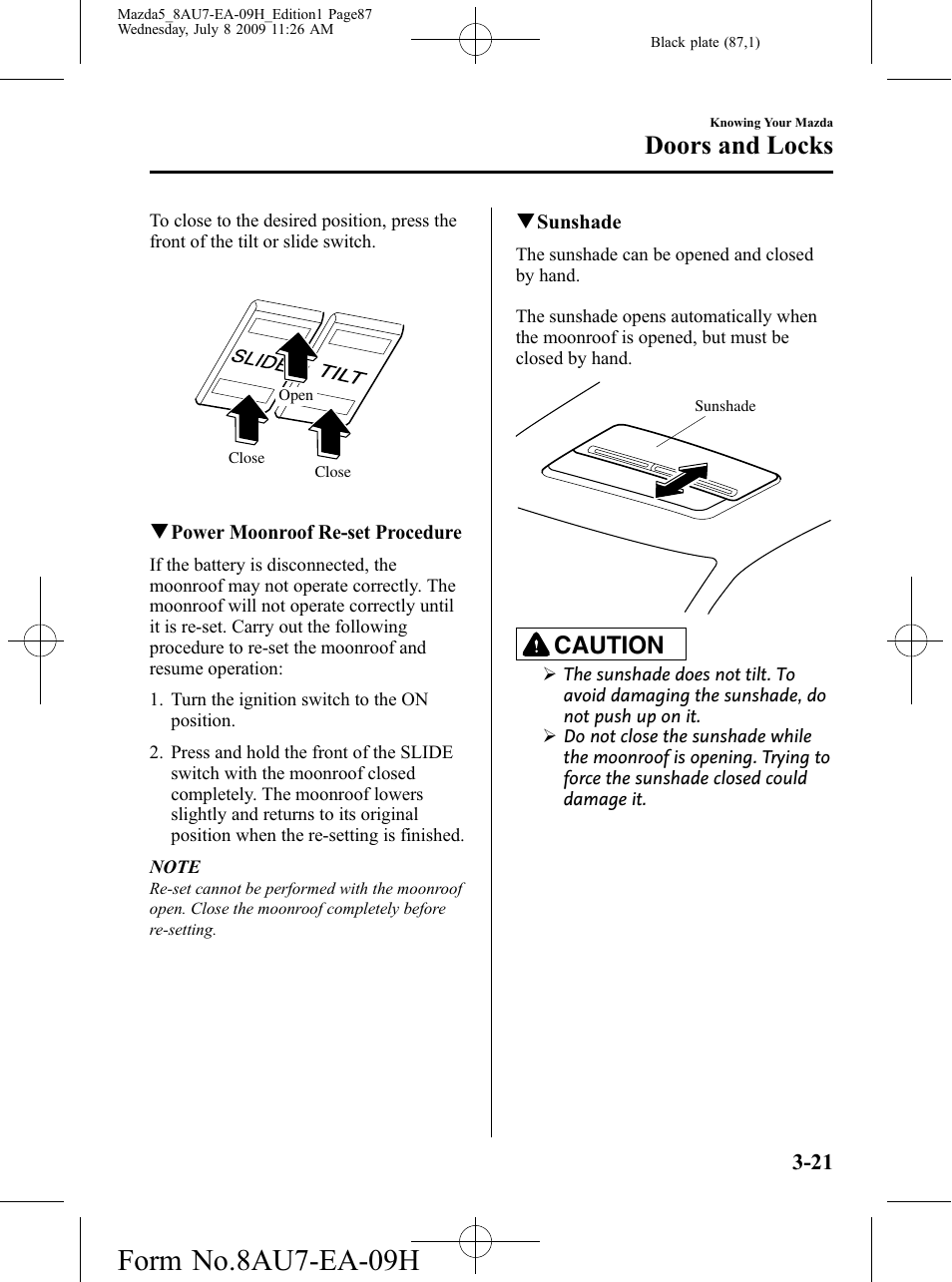 Form no.8au7-ea-09h, Doors and locks, Caution | Mazda 2010 5 User Manual | Page 87 / 388