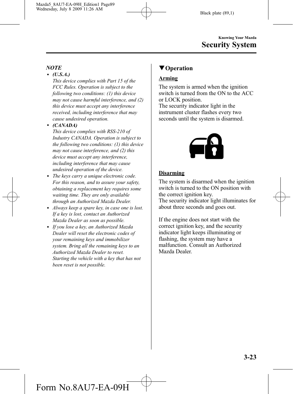 Form no.8au7-ea-09h, Security system, Qoperation | Mazda 2010 5 User Manual | Page 89 / 388