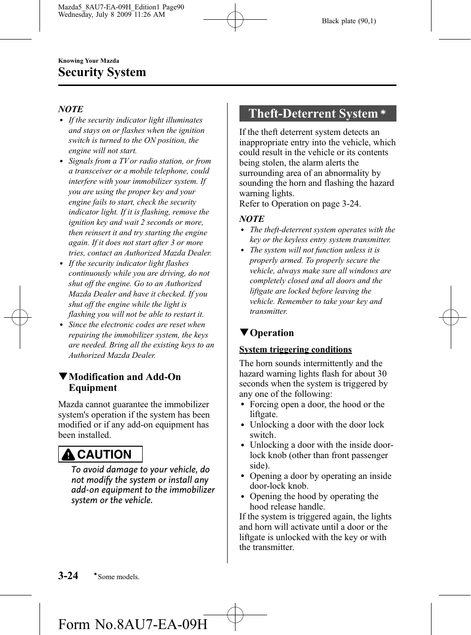 Theft-deterrent system, Form no.8au7-ea-09h, Security system | Caution, Qmodification and add-on equipment, Qoperation | Mazda 2010 5 User Manual | Page 90 / 388