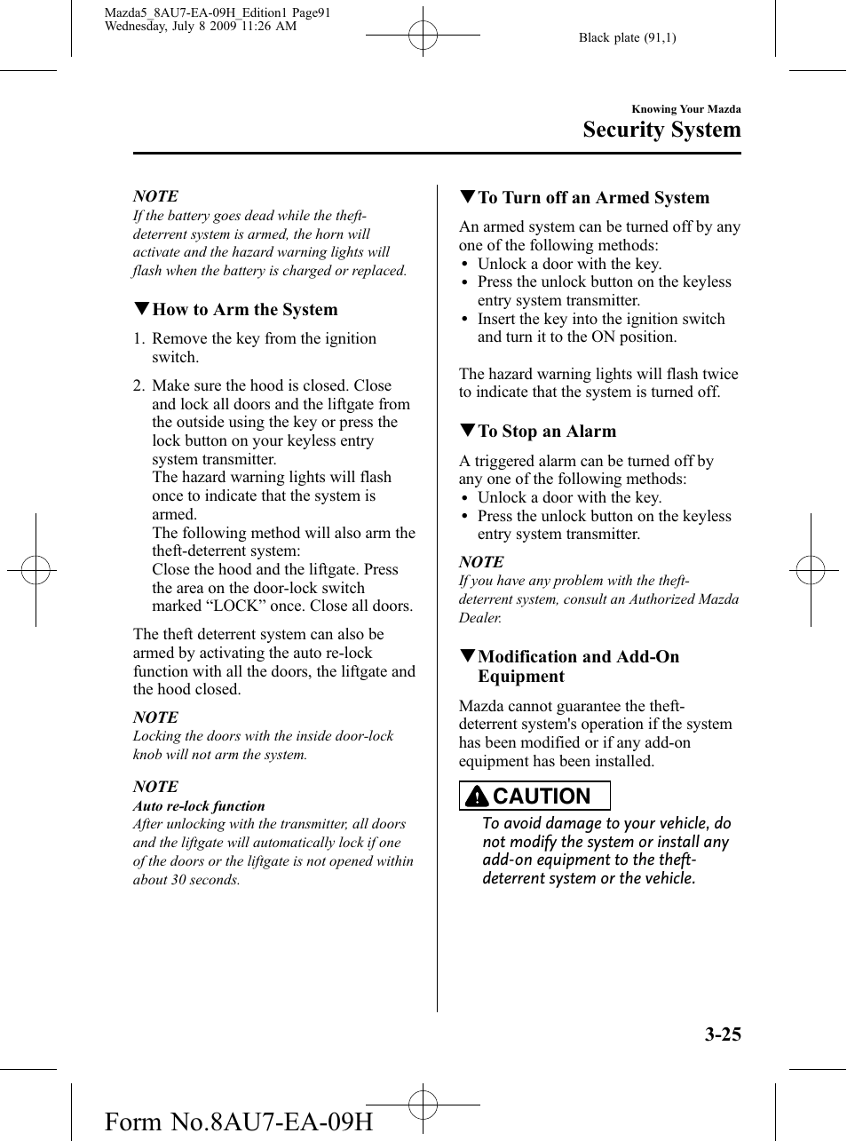 Form no.8au7-ea-09h, Security system, Caution | Mazda 2010 5 User Manual | Page 91 / 388