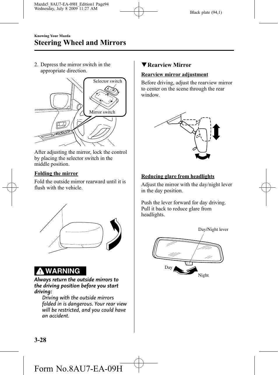 Form no.8au7-ea-09h, Steering wheel and mirrors, Warning | Mazda 2010 5 User Manual | Page 94 / 388