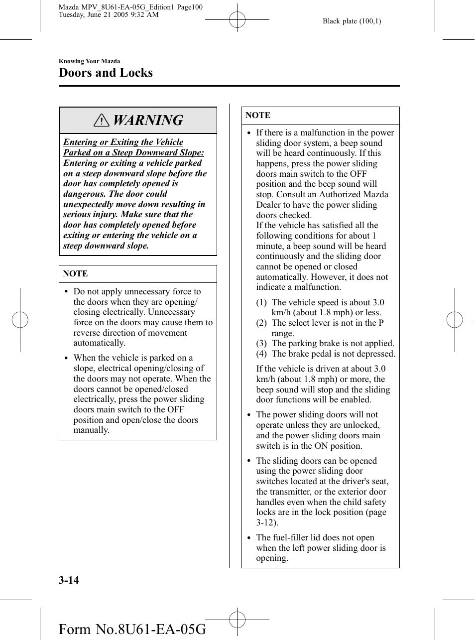 Warning, Doors and locks | Mazda 2006 MPV User Manual | Page 100 / 364