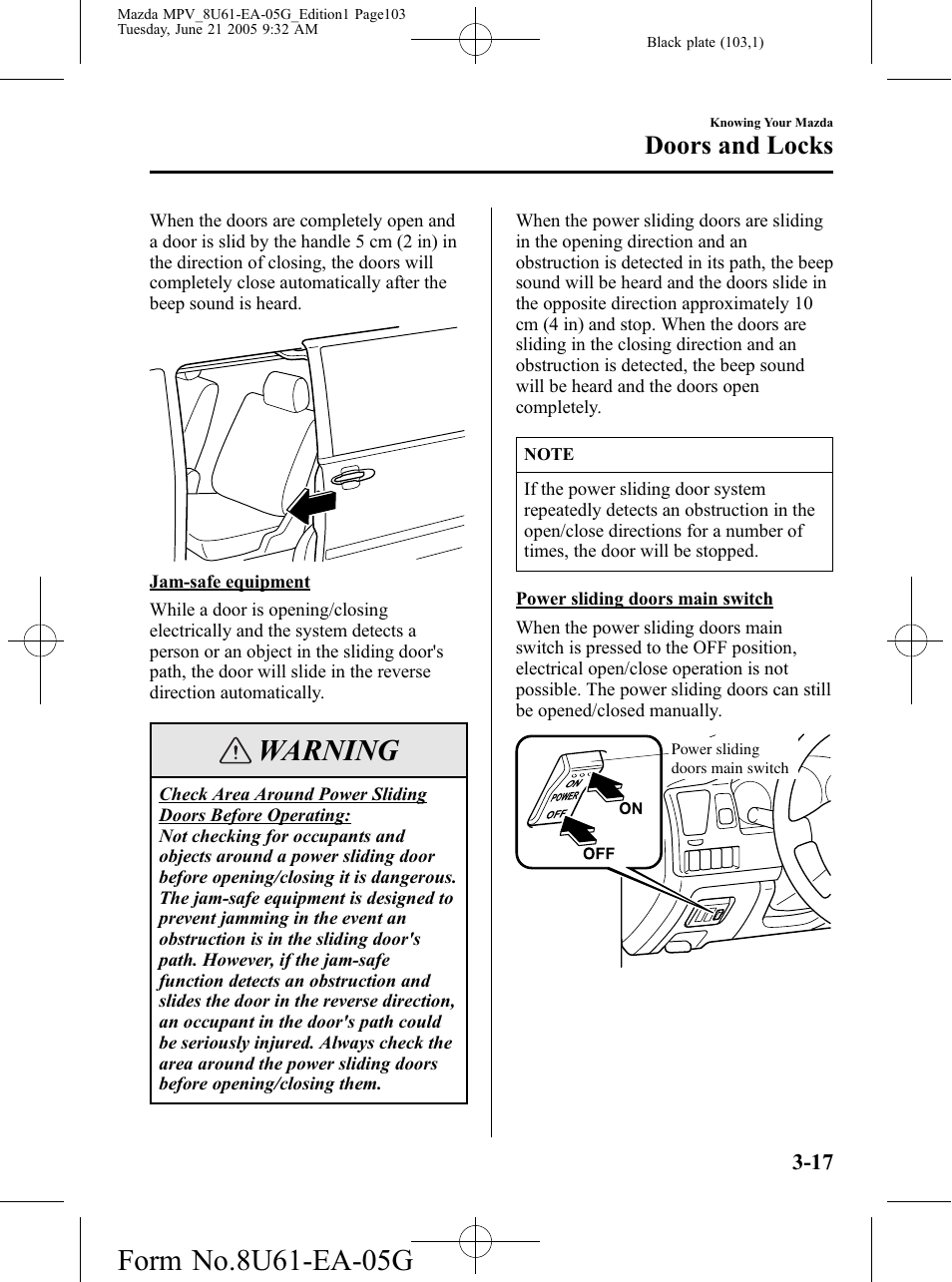 Warning, Doors and locks | Mazda 2006 MPV User Manual | Page 103 / 364