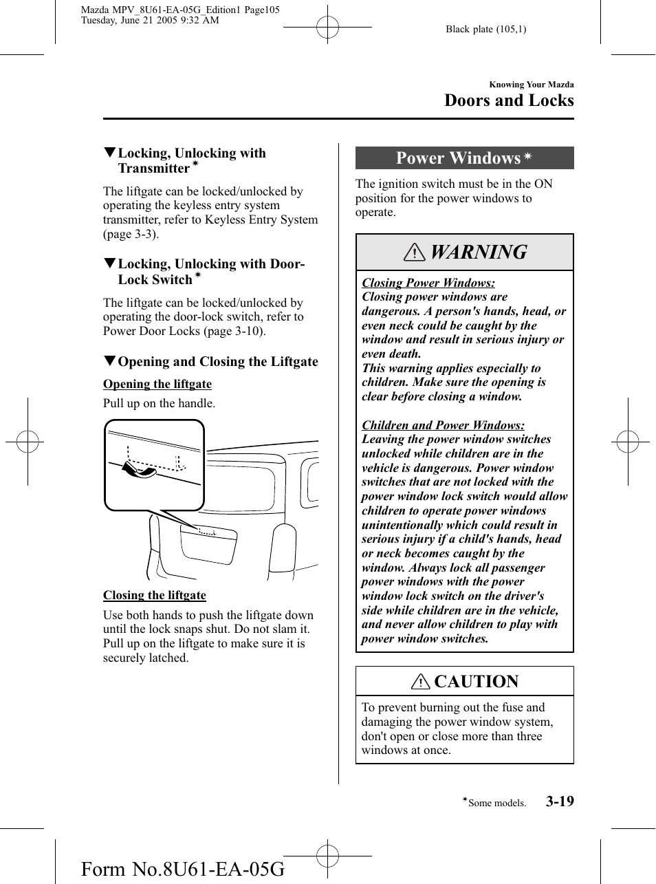 Power windows, Warning, Caution | Doors and locks | Mazda 2006 MPV User Manual | Page 105 / 364