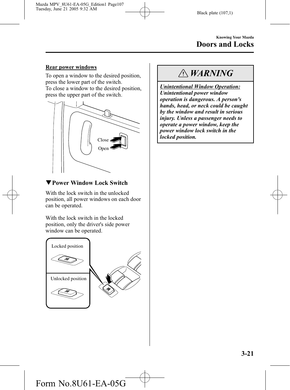 Warning, Doors and locks | Mazda 2006 MPV User Manual | Page 107 / 364