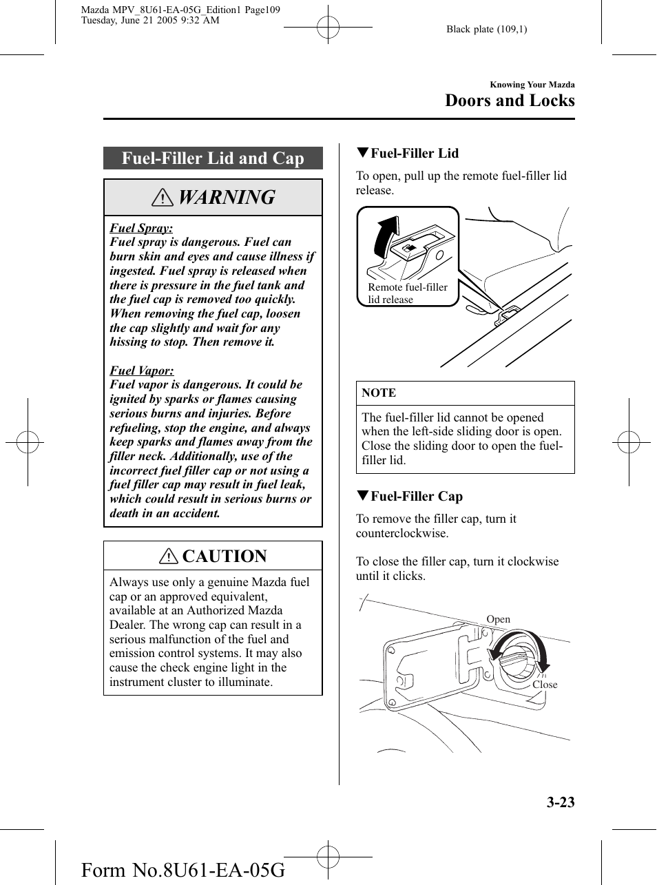 Fuel-filler lid and cap, Fuel-filler lid and cap -23, Warning | Caution, Doors and locks | Mazda 2006 MPV User Manual | Page 109 / 364